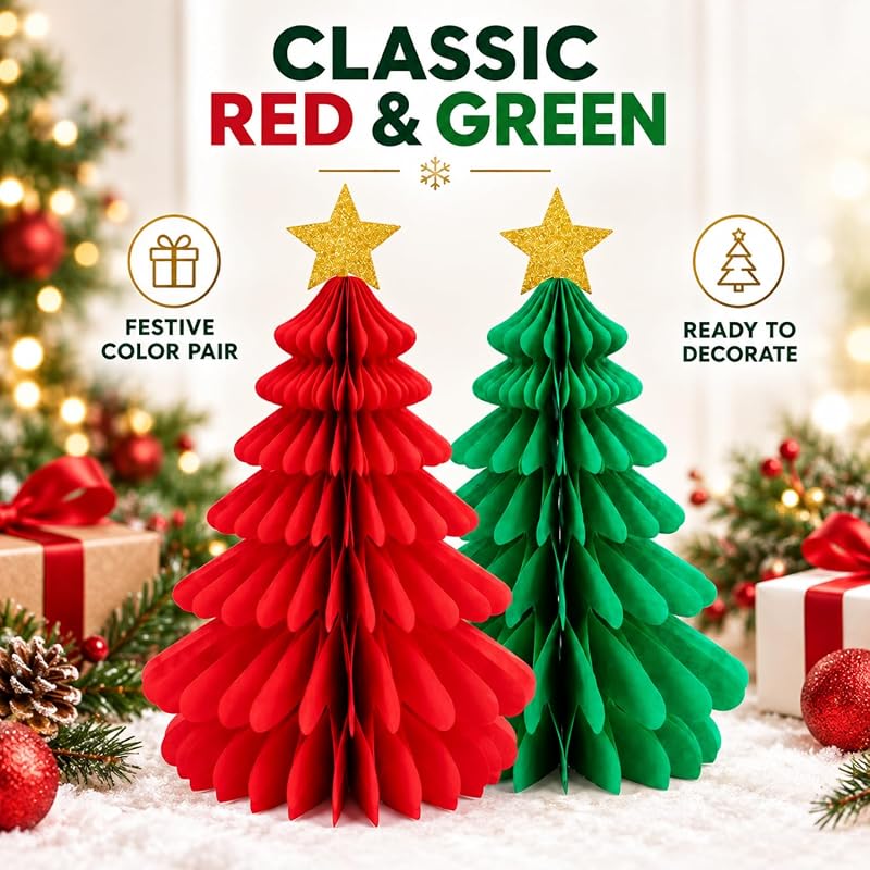 2-Piece Christmas Tree Honeycomb Paper Ornaments - Red & Green
