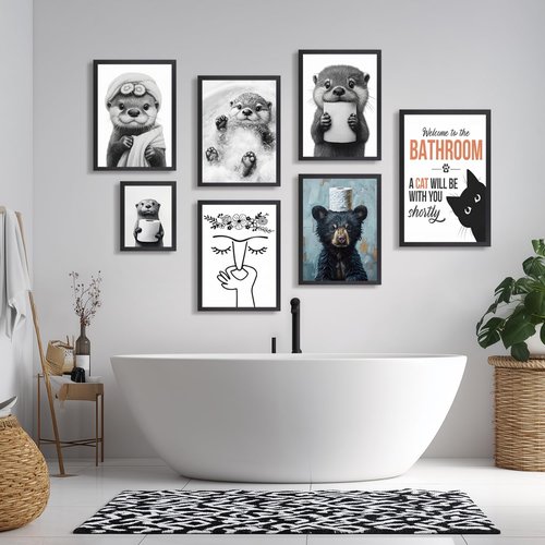 LLEEMPI Otter Toilet Paper Wall Art - Modern Minimalist Black & White Canvas Print | 12x16 Inch Framed Decor