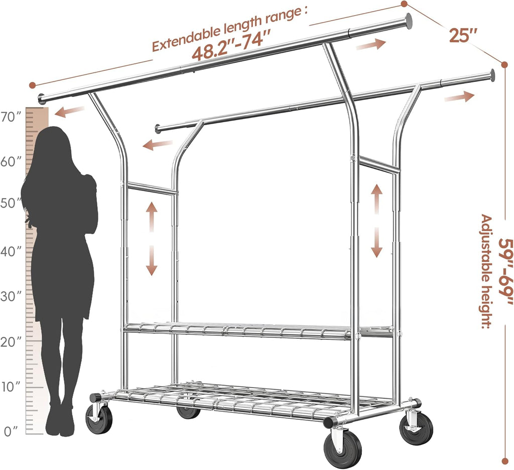 Raybee Heavy-Duty Clothing Rack - 630 LBS Capacity | Rolling Metal Garment Rack for Closet & Laundry Room