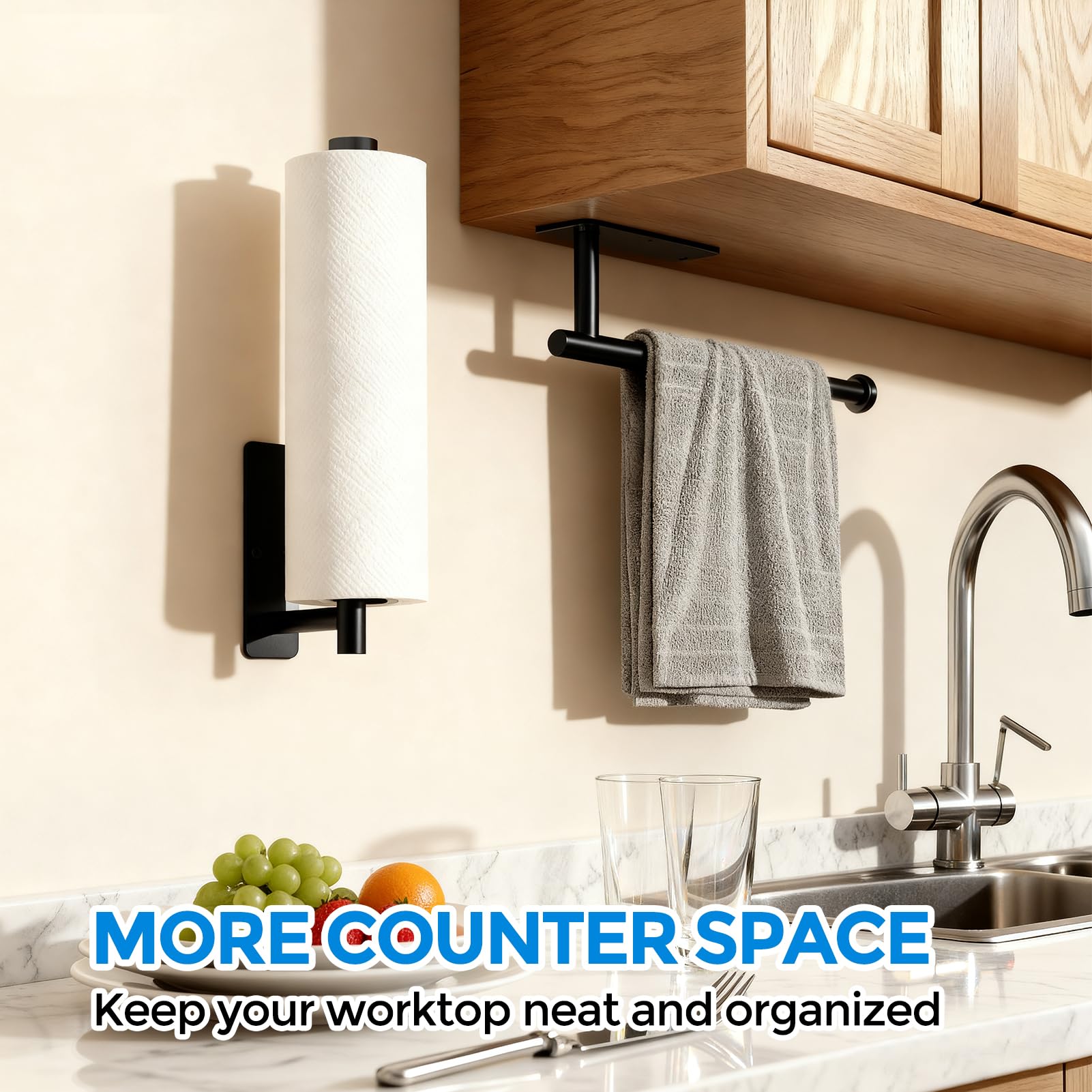 zaa Paper Towel Holder - 2 Pack Under Cabinet Paper Towel Holder, Fits Mega Paper Towel Rolls, Wall Mount Rack for Kitchen, Bathroom, RV, Adhesive or Screw Installation, Black