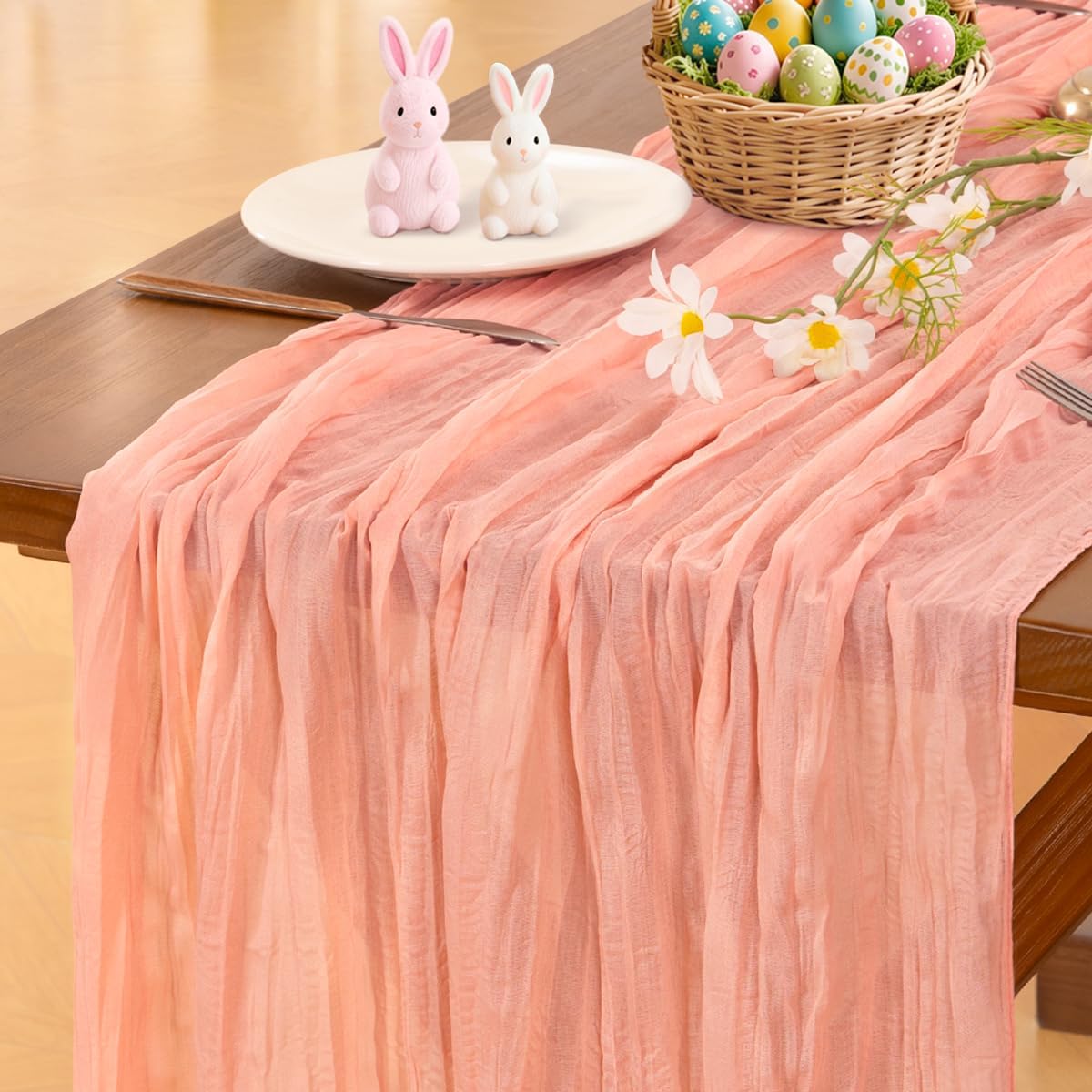 Socomi Cheesecloth Table Runner - Coral Peach Boho Style for Weddings & Parties | 120-Inch Length