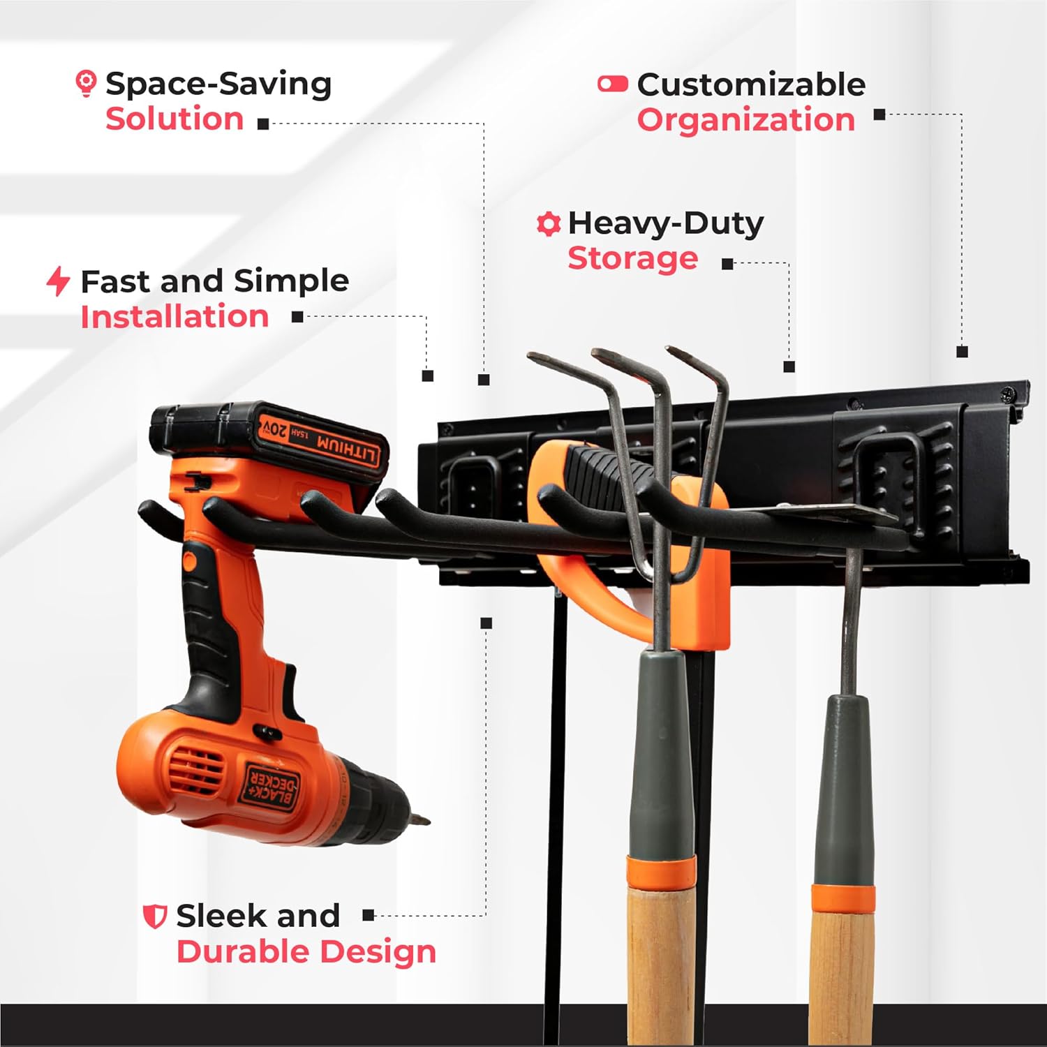 TIDYME Garage Tool Organizer - 48-Inch Wall Mount Storage Rack with Adjustable Hooks | 300lbs Capacity