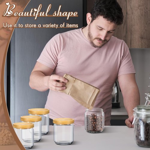 Irenare 16 Pack Glass Containers Canister Set, 17 oz Food Storage Spice Jars with Airtight Lids, Clear Kitchen Containers for Coffee Sugar Tea Beans Nuts Candy Pantry Organization (Bamboo)