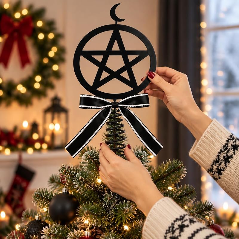 14 Inch Black Gothic Pentagram Tree Topper with Crescent Moon and Bow