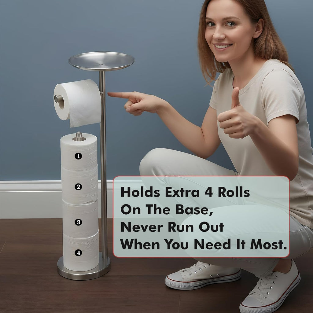 Skiennix Freestanding Toilet Paper Holder - Stylish Storage Stand for 4 Extra Rolls | Brushed Nickel Finish