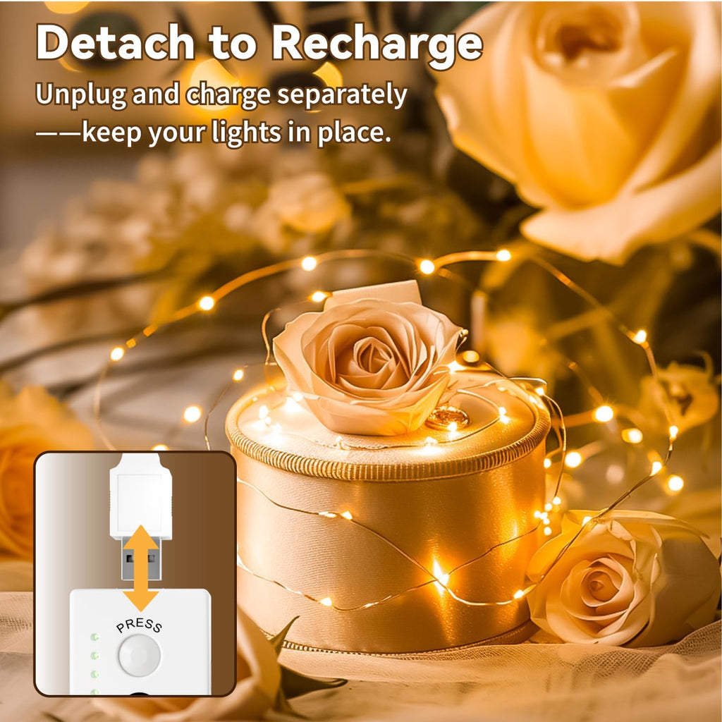 ZSJWL Rechargeable Fairy Lights - 16FT 50LED Indoor String Lights with DIY Timer & 8 Modes | Warm White