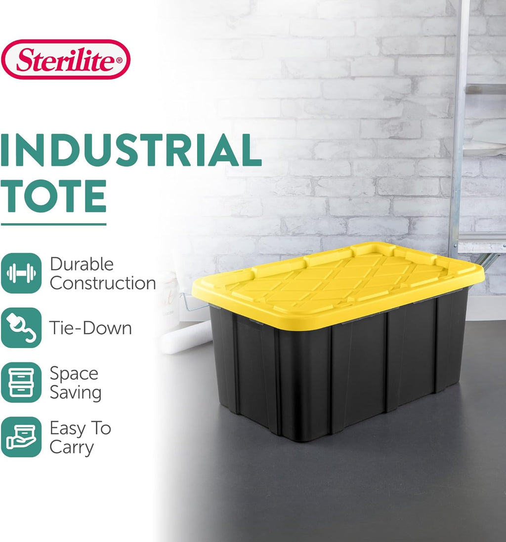 Sterilite 17 Gal Industrial Tote - Stackable Storage Bin with Snap-Fit Lid | Black Base & Yellow Lily Lid, 6-Pack
