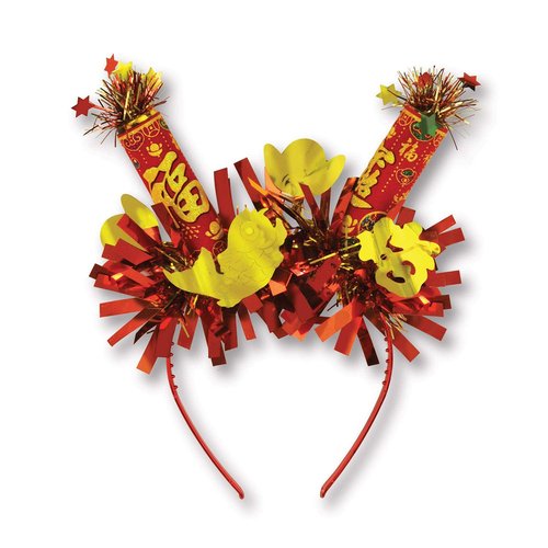 Beistle Lunar New Year Headbands – 2 Pack Red and Gold Firework Burst Headbands with Metallic Fringe Festive Celebration Headwear Cultural Holiday Party Accessories, Adult Size