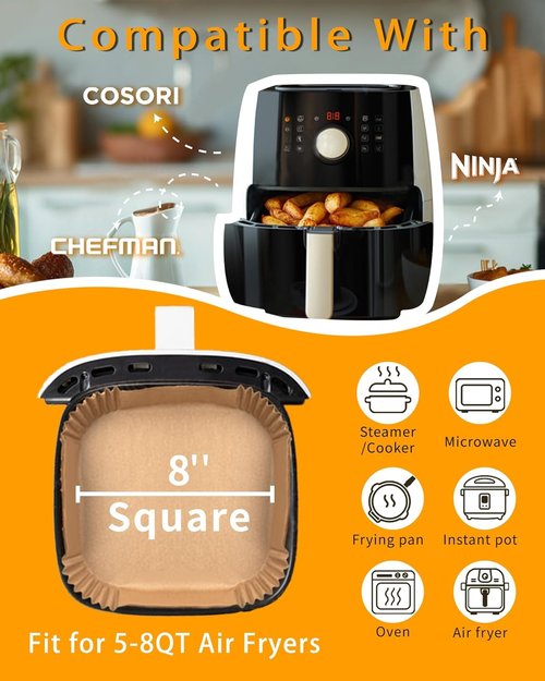 500Pcs Air Fryer Paper Liners - 8” Square Non-Stick Parchment for 5-8 QT Air Fryers | Oil-Proof & Unbleached