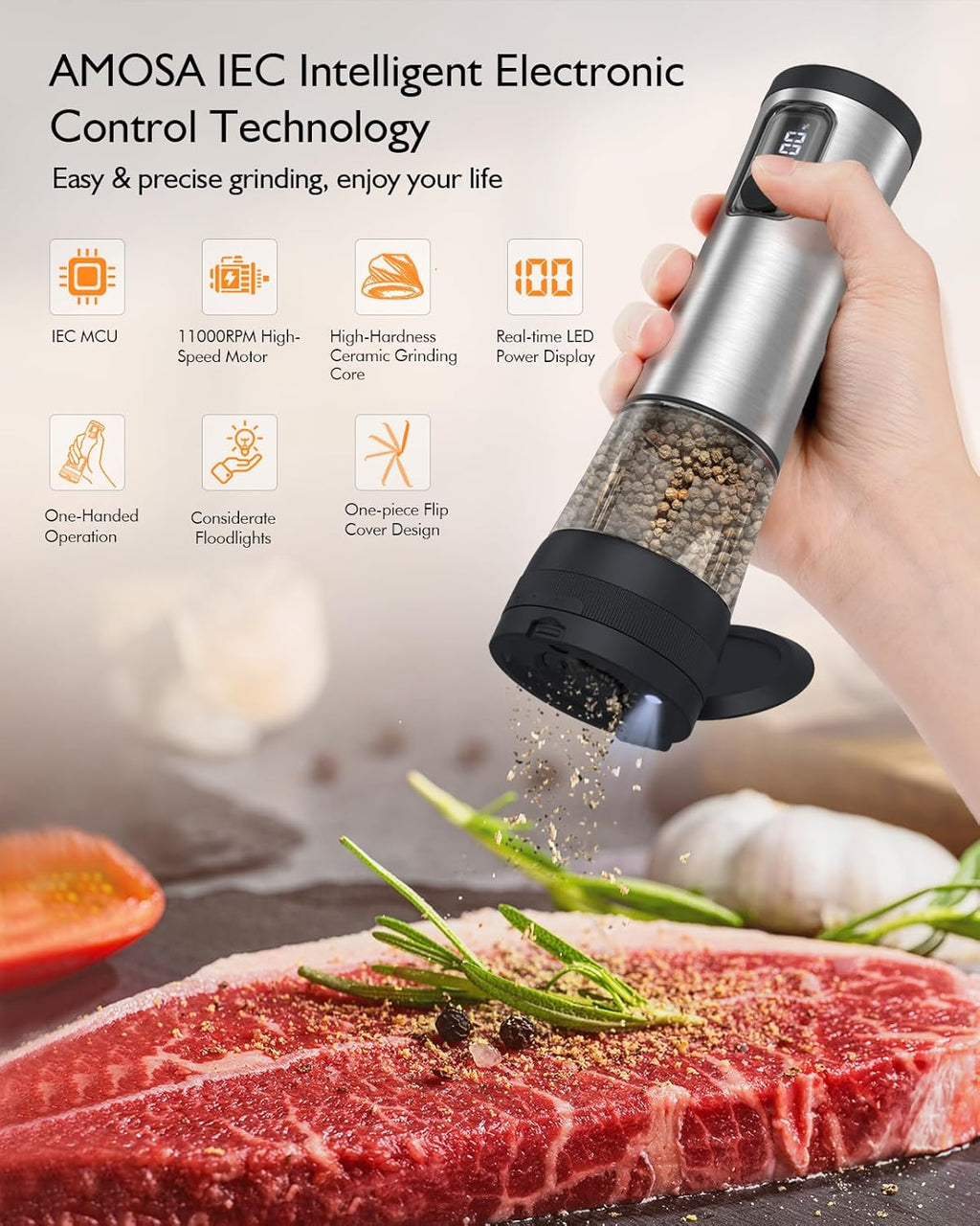 Skiennix Electric Salt and Pepper Grinder Set - Rechargeable, 2-Speed, Adjustable Coarseness, Stainless Steel