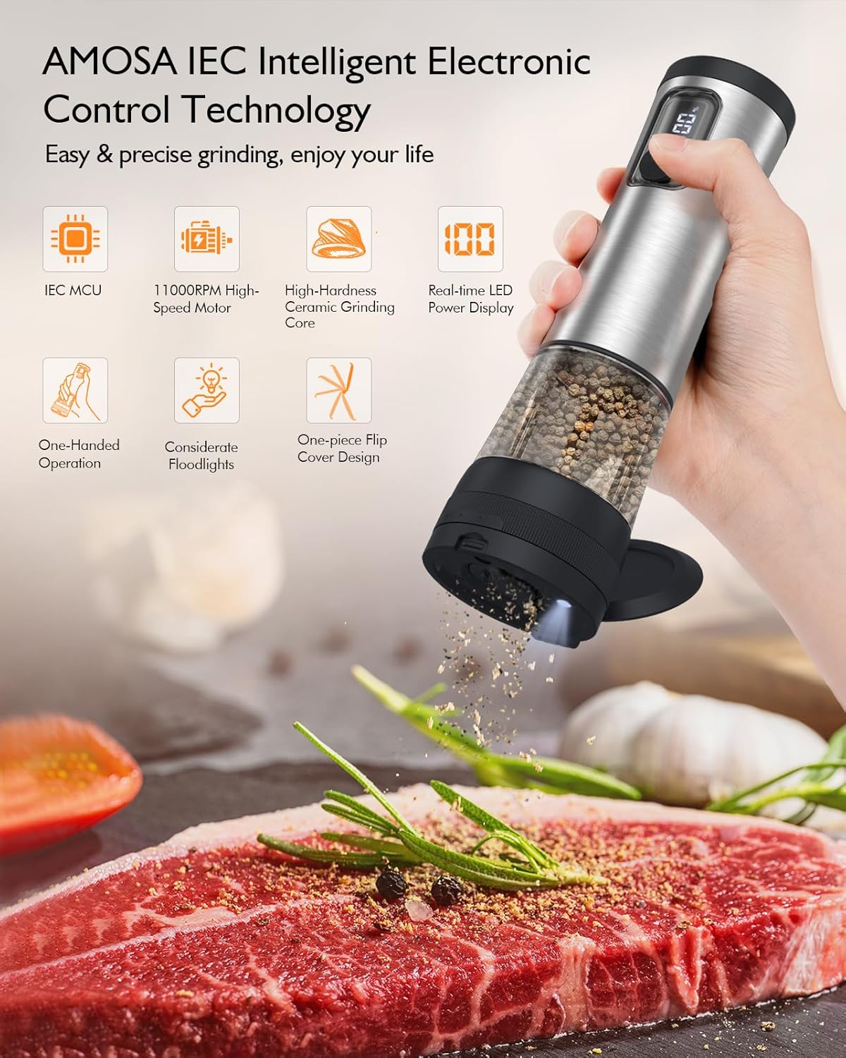 Skiennix Electric Salt and Pepper Grinder Set - Rechargeable, 2-Speed, Adjustable Coarseness, Stainless Steel