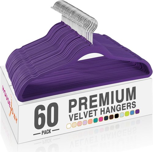 HOUSE DAY Velvet Hangers - 60 Pack Non-Slip Heavy Duty Purple Felt Suit Hangers | Space-Saving Design with 360° Rotating Hook