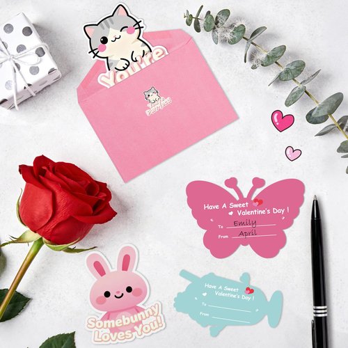 WENHUI 36 Pack Valentines Day Cards for Kids School – Adorable Die-Cut Animal & Food Classroom Valentines with Pink Envelopes & Stickers, 9 Cute Designs for Boys, Girls & Teachers