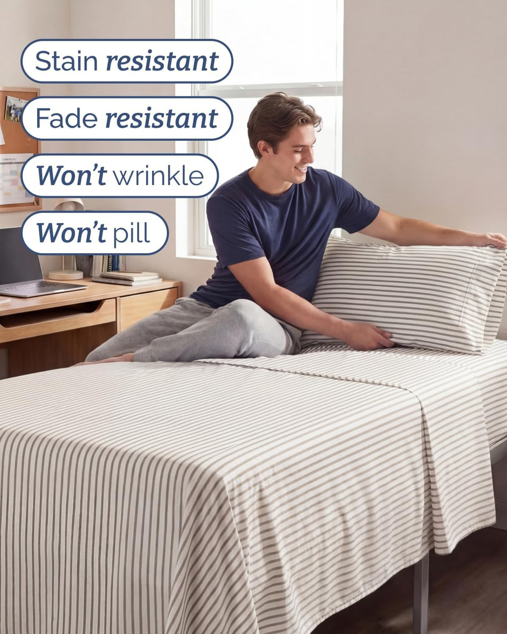 Skiennix Twin XL Sheet Set - Comfy Cooling Bed Sheets with Deep Pockets - Oeko-Tex Beige Stripes