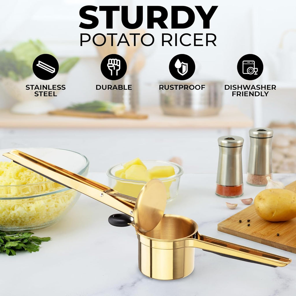 Zulay Kitchen 15oz Potato Ricer - Heavy Duty Stainless Steel Masher for Perfect Mashed Potatoes | Gold/Black