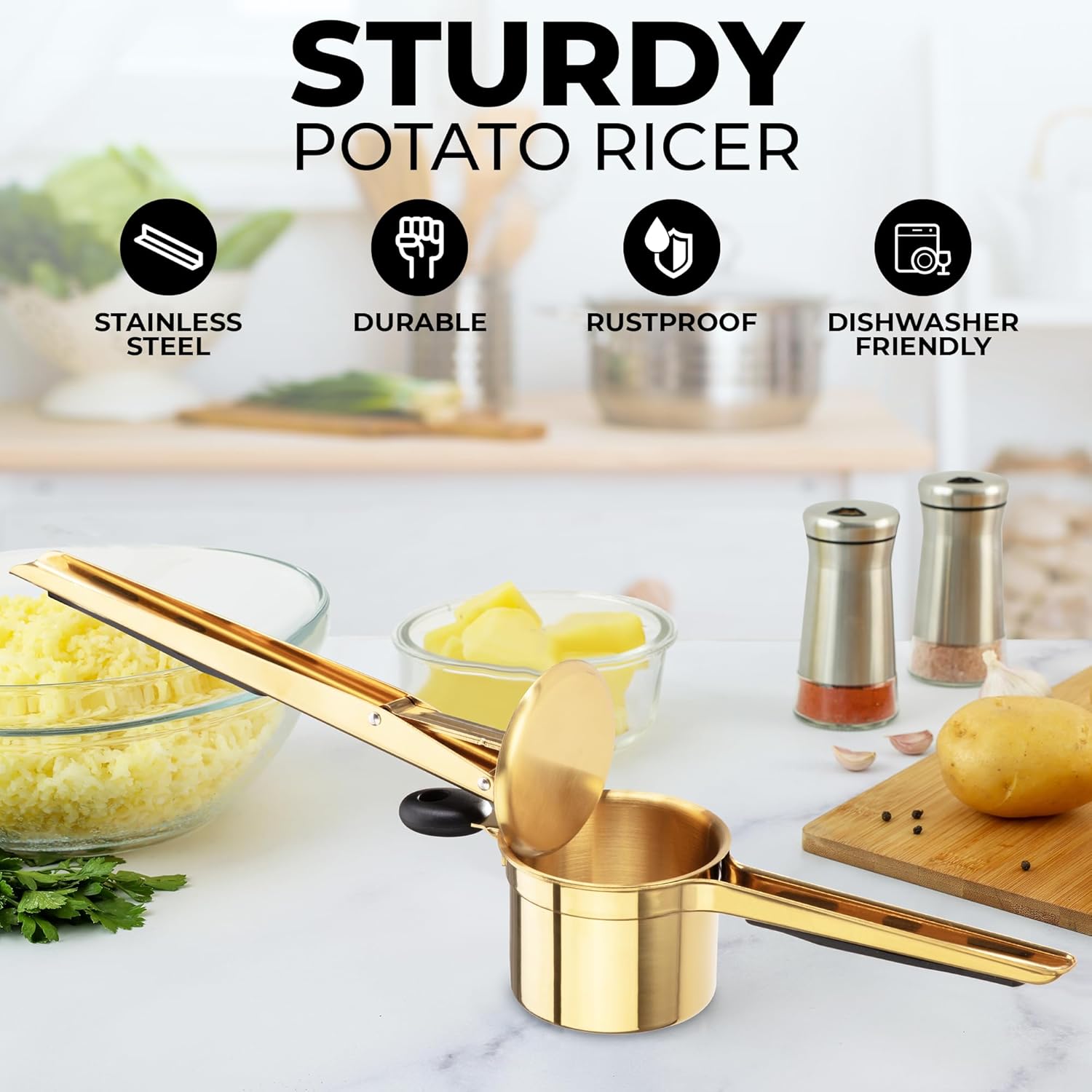 Zulay Kitchen 15oz Potato Ricer - Heavy Duty Stainless Steel Masher for Perfect Mashed Potatoes | Gold/Black