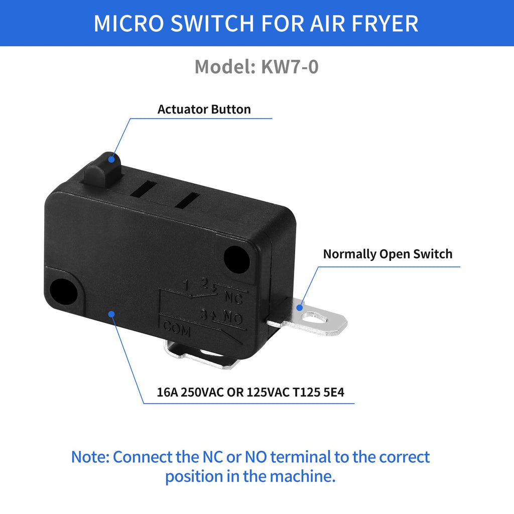 2 Packs Micro Switch KW7-0, Fit for Air Fryer XL Power XL Vortex Air Fryer, Normally Open 3 Pins 1NO 1NC Microswitches for Microwave Oven Welding Gun Induction Cooker, 16A 125V/250V