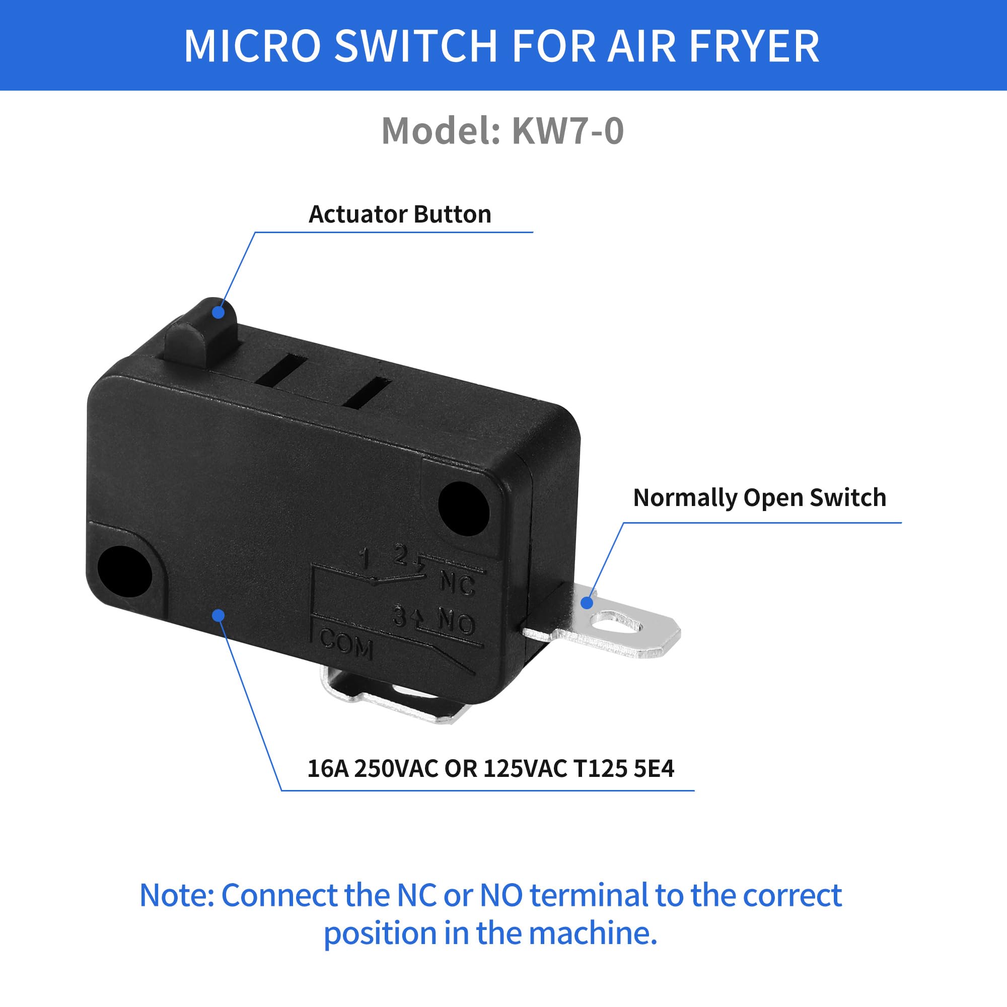 2 Packs Micro Switch KW7-0, Fit for Air Fryer XL Power XL Vortex Air Fryer, Normally Open 3 Pins 1NO 1NC Microswitches for Microwave Oven Welding Gun Induction Cooker, 16A 125V/250V
