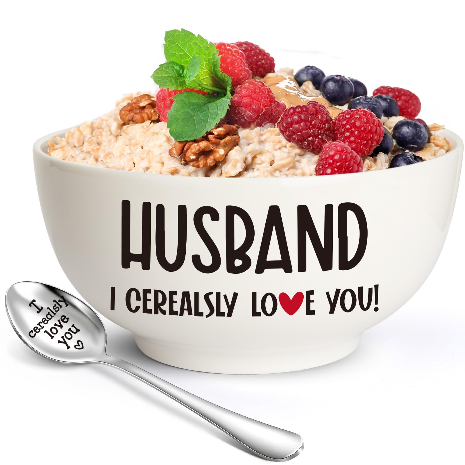 Husband Gifts from Wife, Valentines Day Gifts for Him Husband, Ceramic Bowl & Spoon Set for Cereal, Ramen, Soup, Ice Cream, Salad, Fruit - Perfect for Birthday Christmas Valentines Wedding Anniversary