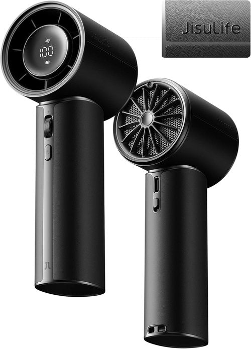 JISULIFE Handheld Fan Pro1 Mini - Elite PU Leather Design, 30-Hour Cooling Power | Portable Black Fan for Travel & Outdoor