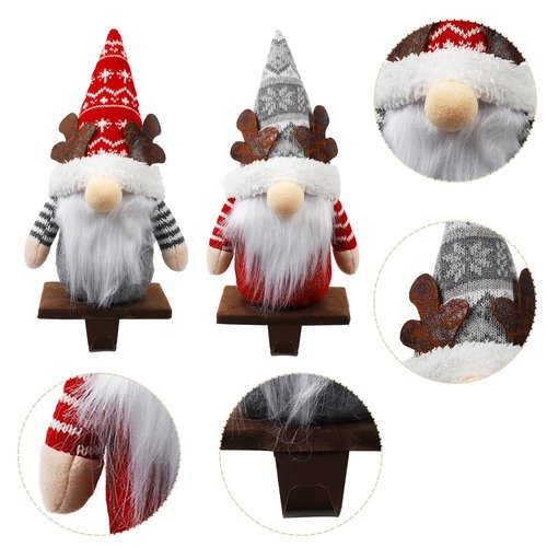 Aoutrow 2 Pack Christmas Gnome Stocking Holders, 11 Inches Plush Elk Gnomes Figurines Hanging Hooks for Stockings, Metal Stocking Hangers for Fireplace, Mantle, Shelves Christmas Decorations