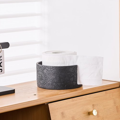 Black Boho Flowers Carved Toilet Paper Holder Stand for Bathroom Countertop or Floating Shelves,Toilet Top Decorative Roll Organizer Mega Roll 5.5 Inches or Less, Free Standing 1 Mega Roll Storage