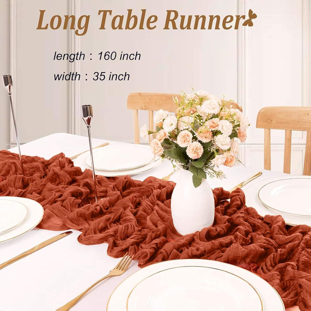 Skiennix Terracotta Cheesecloth Table Runner - 13.3 Ft Burnt Orange Boho Rustic Decor for Weddings & Holidays