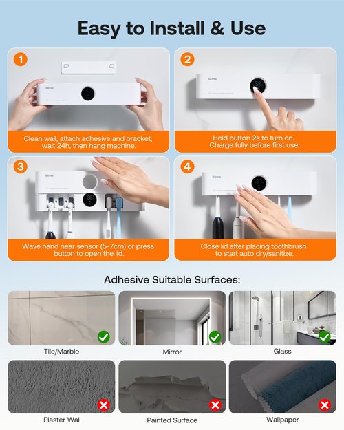 Bitvae Toothbrush Holder, Cleaning and Fast Drying, 5 Toothbrush Slots or Shaver Slot Accessories for Family, LED Smart Screen, Wall Mounted Holders for Bathrooms