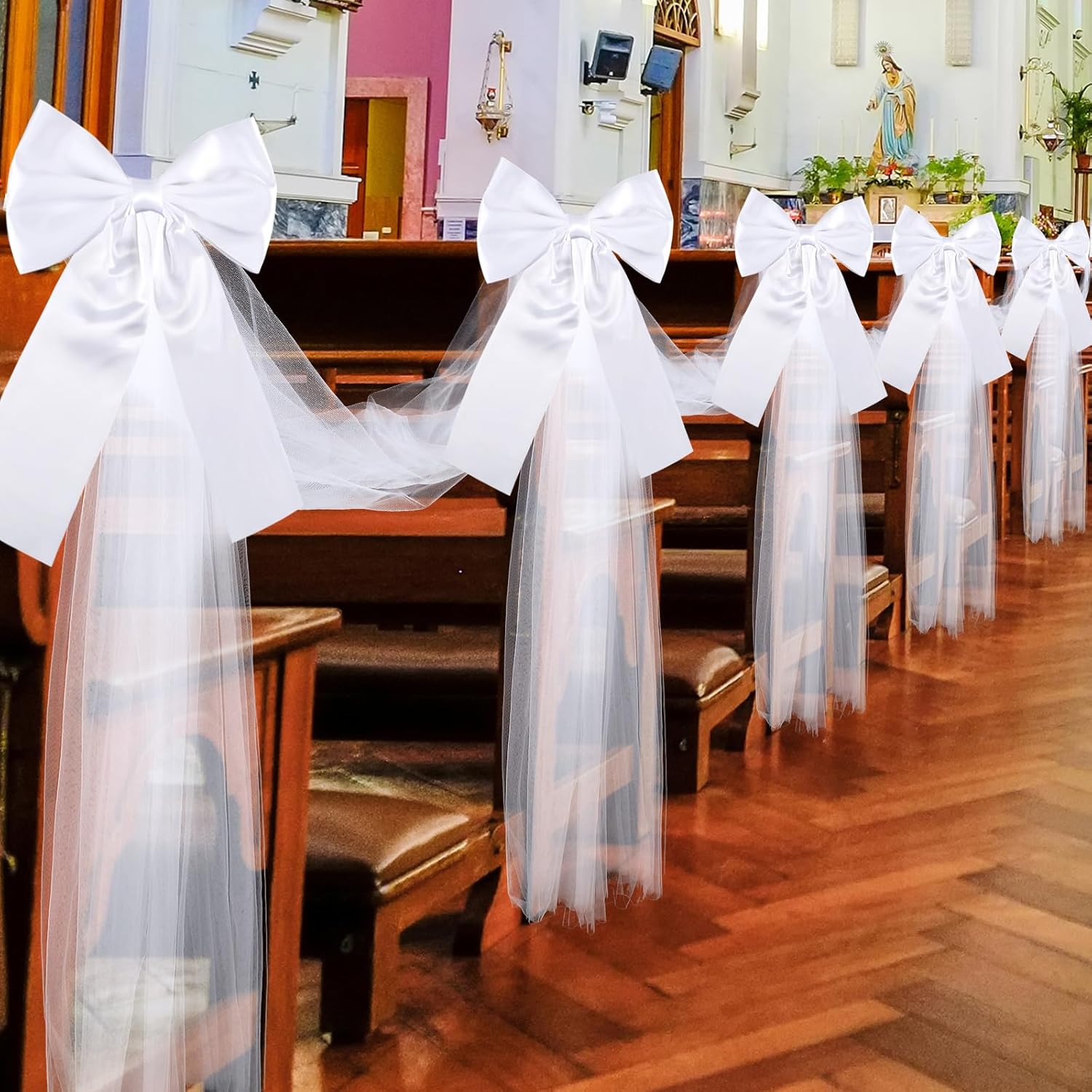 Skiennix Large White Wedding Pew Bows - 12 Pcs Satin Bows with Tulle Aisle Decor | 15.7 x 7.9 in