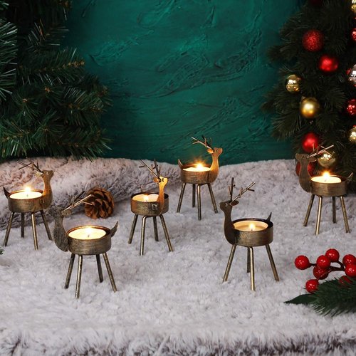 Juegoal Reindeer Tealight Candle Holders - Set of 6 Rustic Bronze Iron Metal Christmas Decorations | Durable Holiday Centerpiece