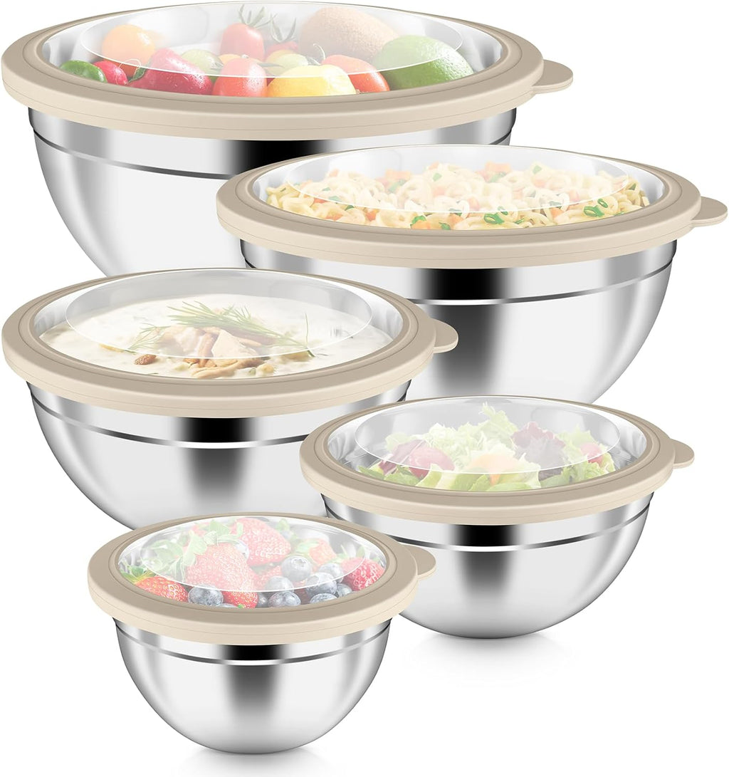 P&P CHEF Mixing Bowls Set of 5 - Stainless Steel Airtight Lids for Kitchen Prep & Storage | Khaki, 0.7-4.6 QT