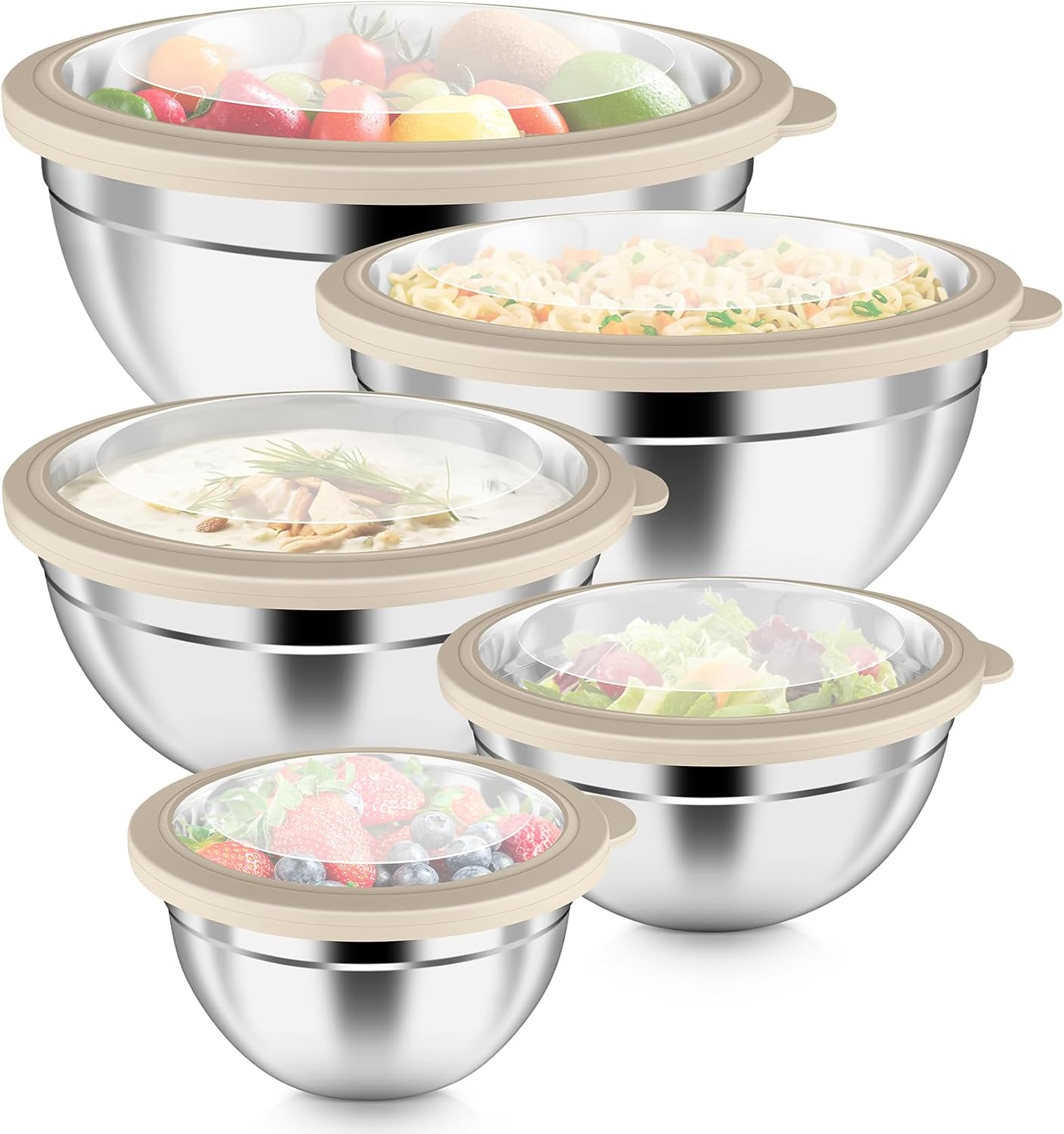 P&P CHEF Mixing Bowls Set of 5 - Stainless Steel Airtight Lids for Kitchen Prep & Storage | Khaki, 0.7-4.6 QT
