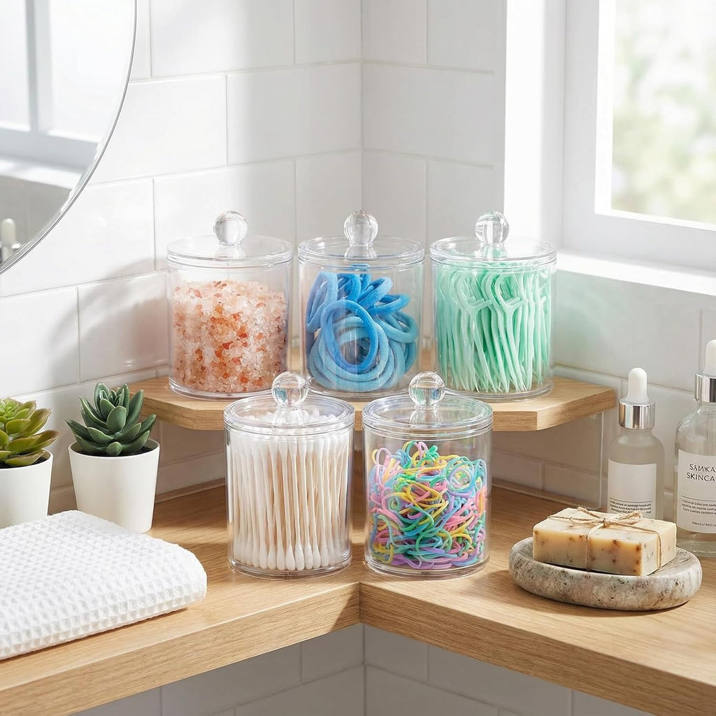 SheeChung Clear Acrylic Apothecary Jars - 6-Pack Qtip Holder Set (3) 10oz & (3) 12oz - Shatterproof Bathroom Organizer