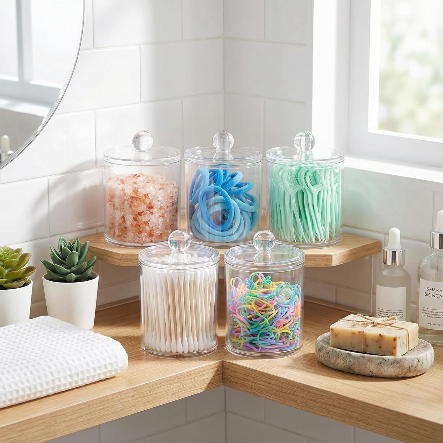 SheeChung Clear Acrylic Apothecary Jars - 6-Pack Qtip Holder Set (3) 10oz & (3) 12oz - Shatterproof Bathroom Organizer
