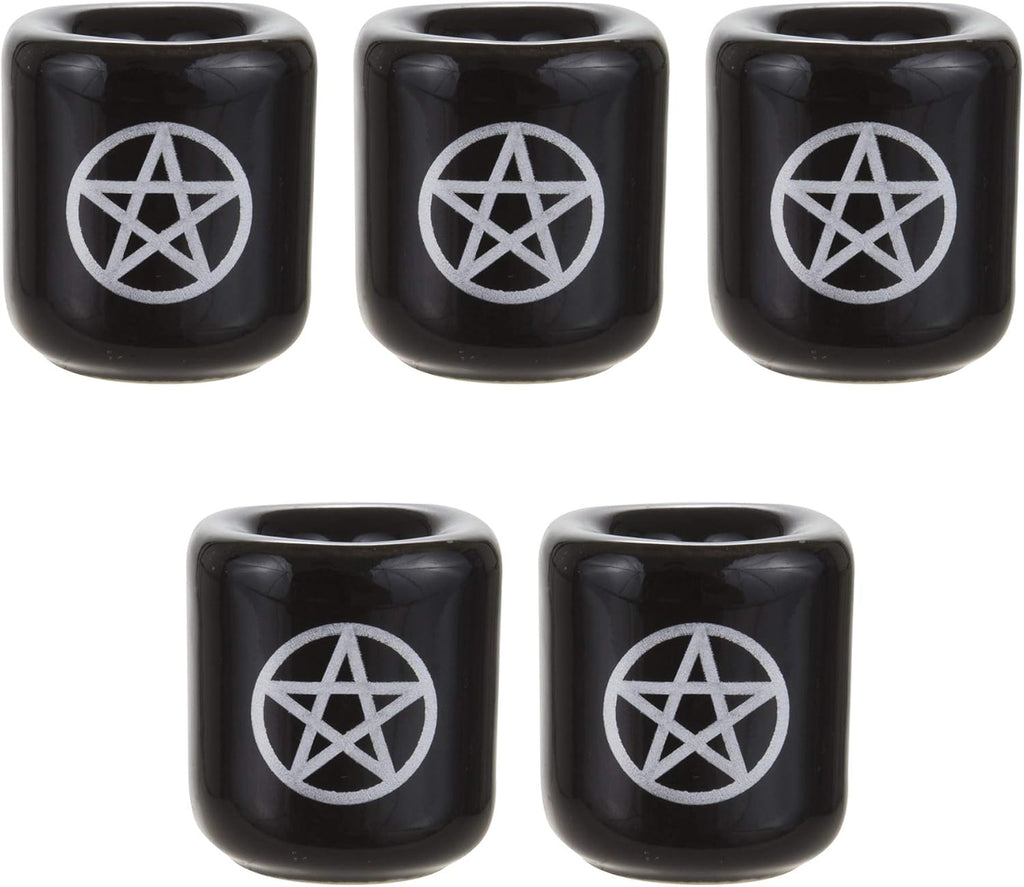 Mega Candles Ceramic Silver Pentacle Chime Candle Holder - 5 Pcs, Black for Rituals