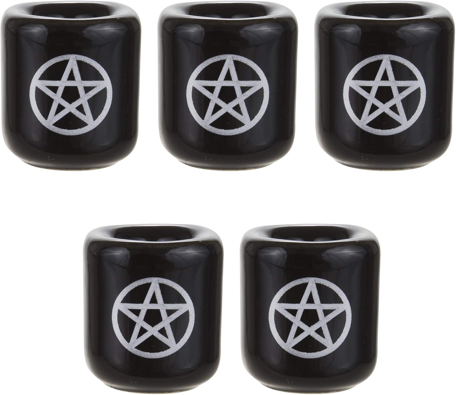 Mega Candles Ceramic Silver Pentacle Chime Candle Holder - 5 Pcs, Black for Rituals