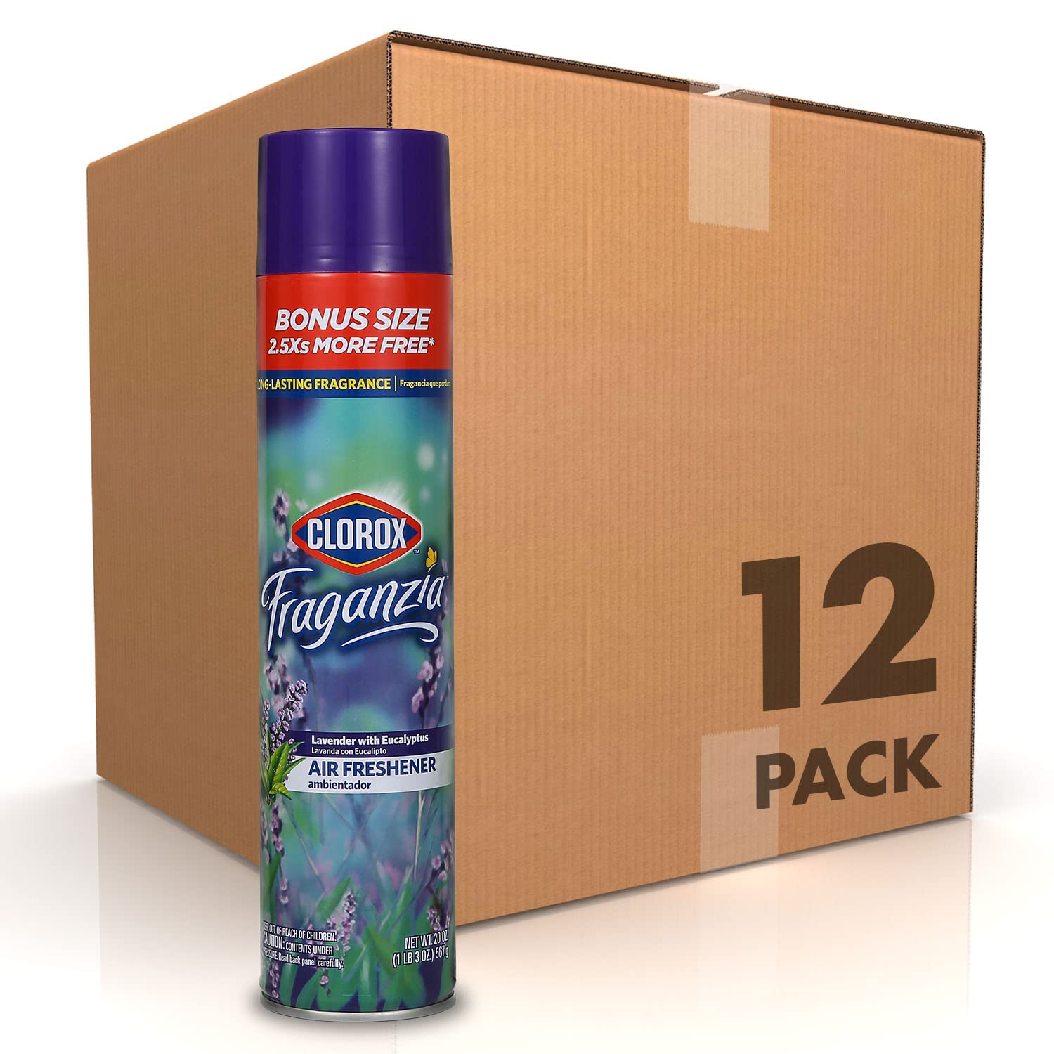 Clorox Fraganzia Aerosol Air Freshener in Lavender with Eucalyptus Scent - Long-Lasting Room Spray, Odor Eliminator for Home, Bathroom, and Bedroom, 20 oz Bonus Size - 12 Pack