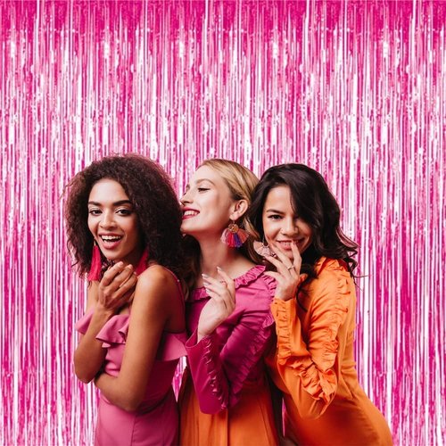GOER Metallic Tinsel Foil Fringe Curtains - 3.2 ft x 8.2 ft Party Backdrop for Galentine's Day, Birthdays & Weddings | Hot Pink