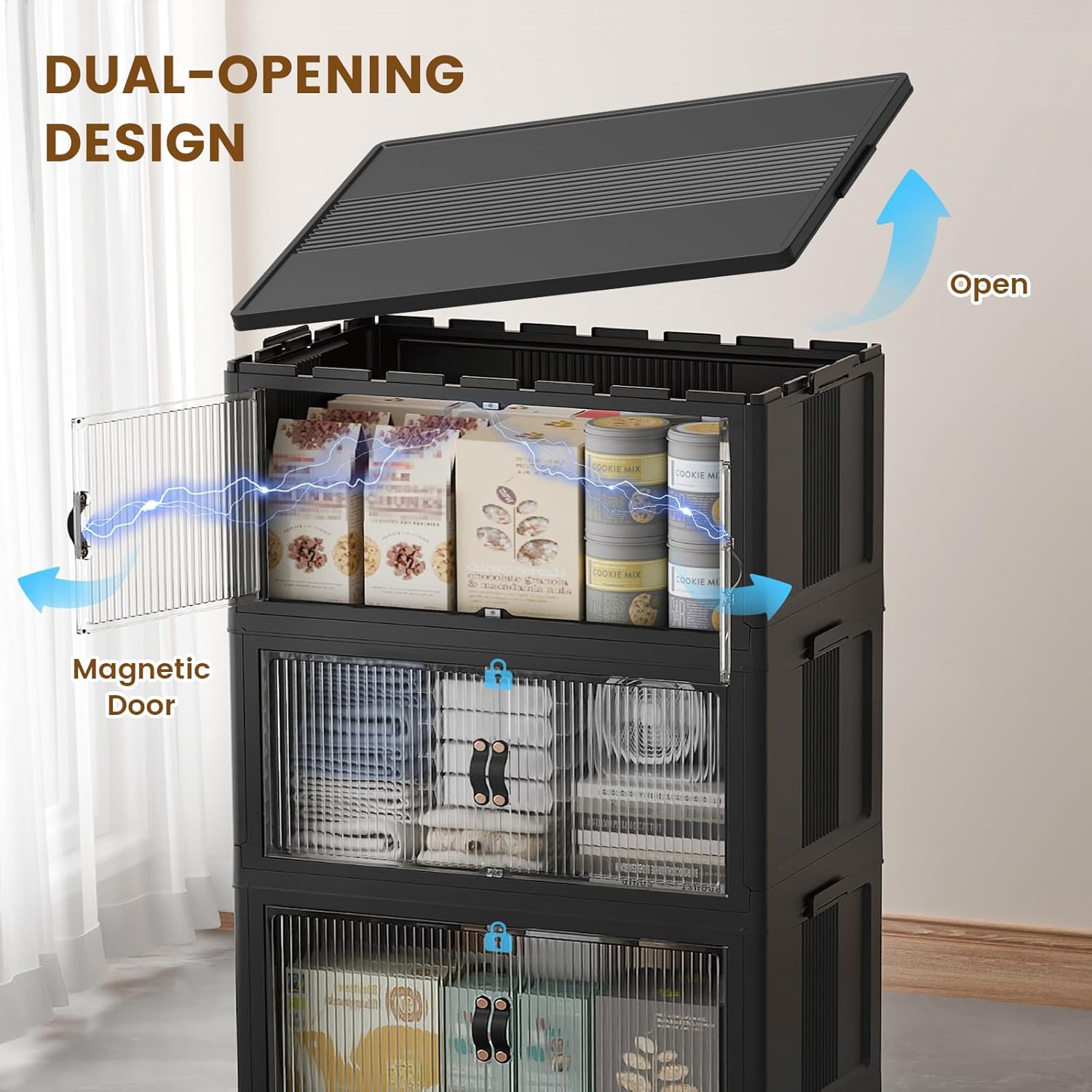 SAILUN Stackable Storage Bins - 26Gal/105Qt Folding Organizers with Lid | Black, 18" W x 11" D x 32" H
