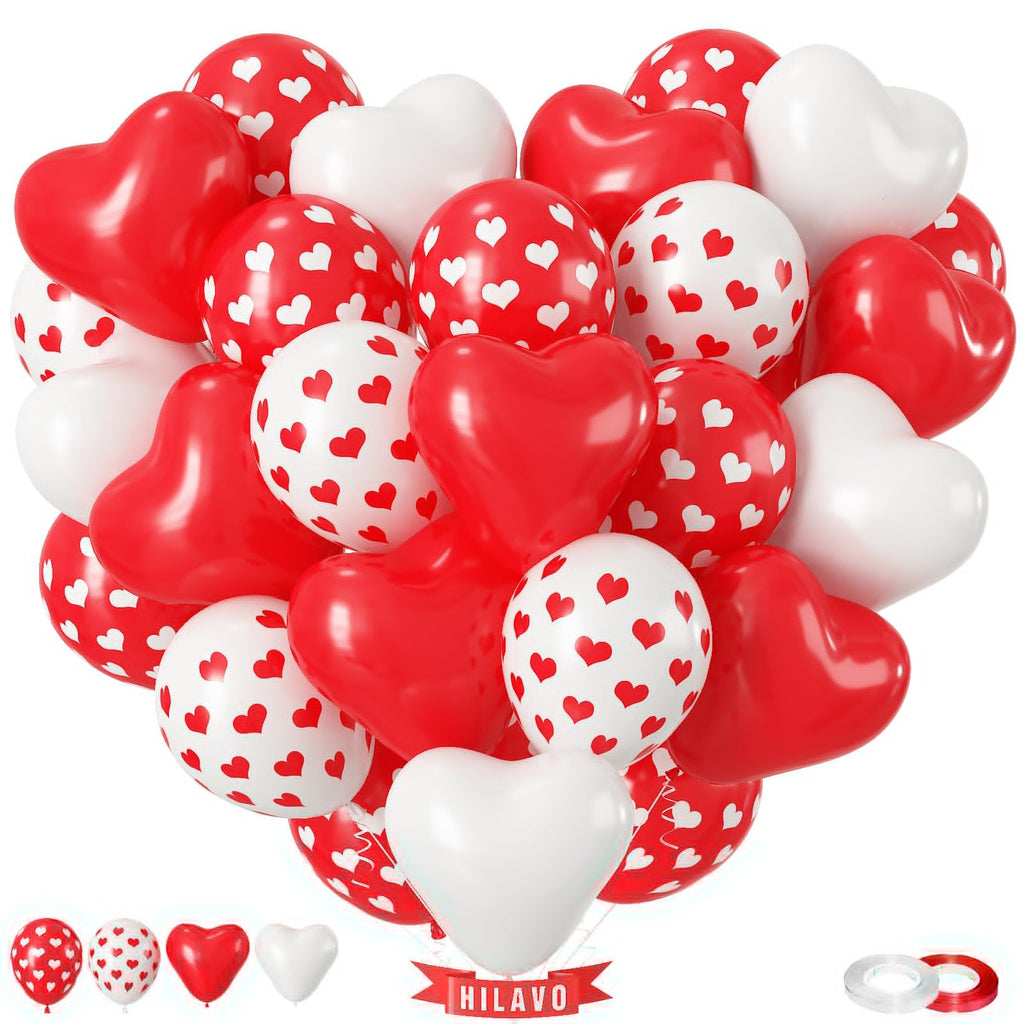 Valentines Day Balloons 60 Pack Red White Heart Shaped Balloons Set Romantic Heart Print Latex Balloon for Sweet Galentines Proposal Engagement Wedding Bridal Shower Mothers Day Party Decorations
