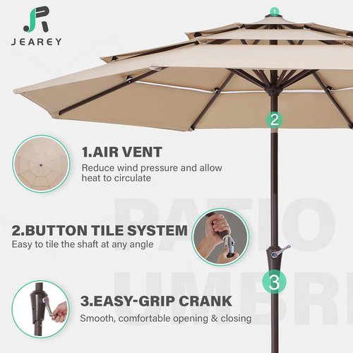 JEAREY 9FT Patio Umbrella - Outdoor Market Umbrella with UV Protection, Beige Color, 8 Ribs & Crank