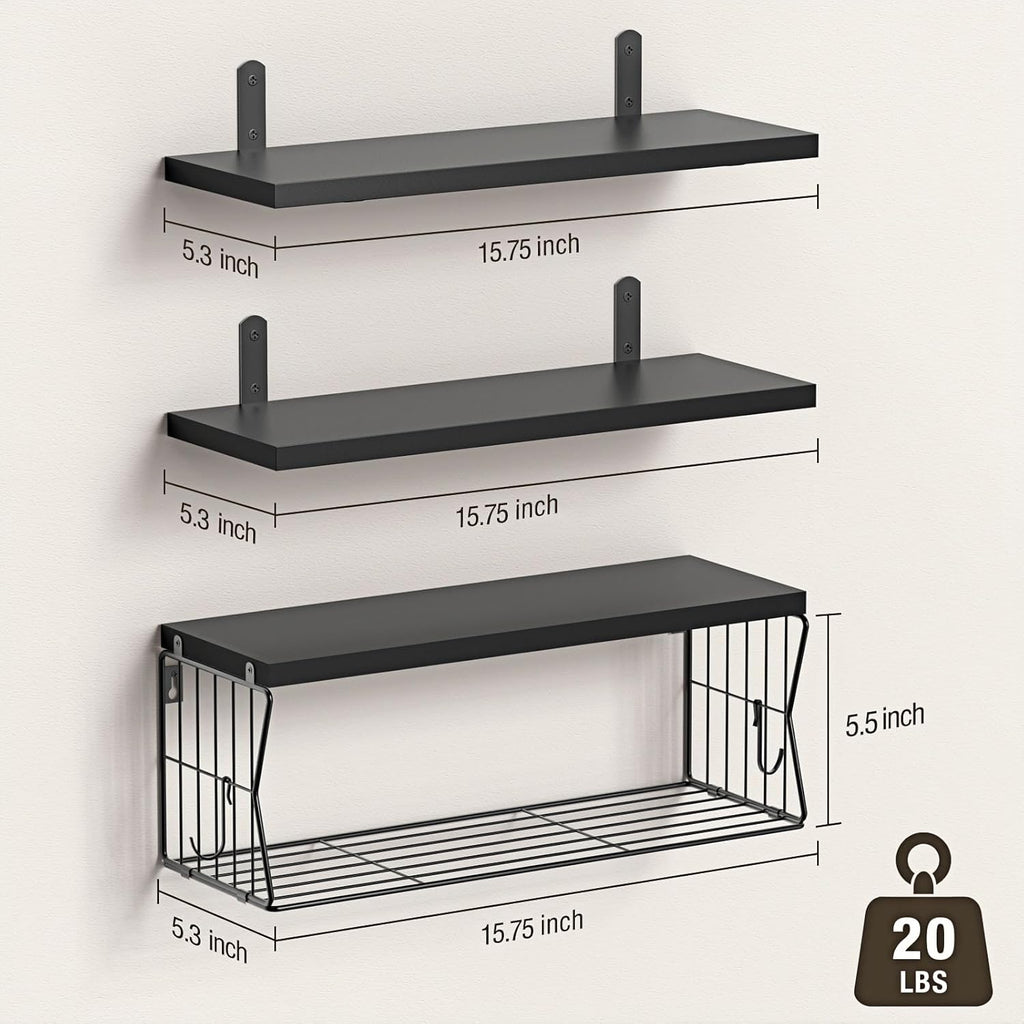 Skiennix Floating Bathroom Shelves - Modern Wall-Mounted Wooden Shelf Set of 3 for Stylish Storage - Black