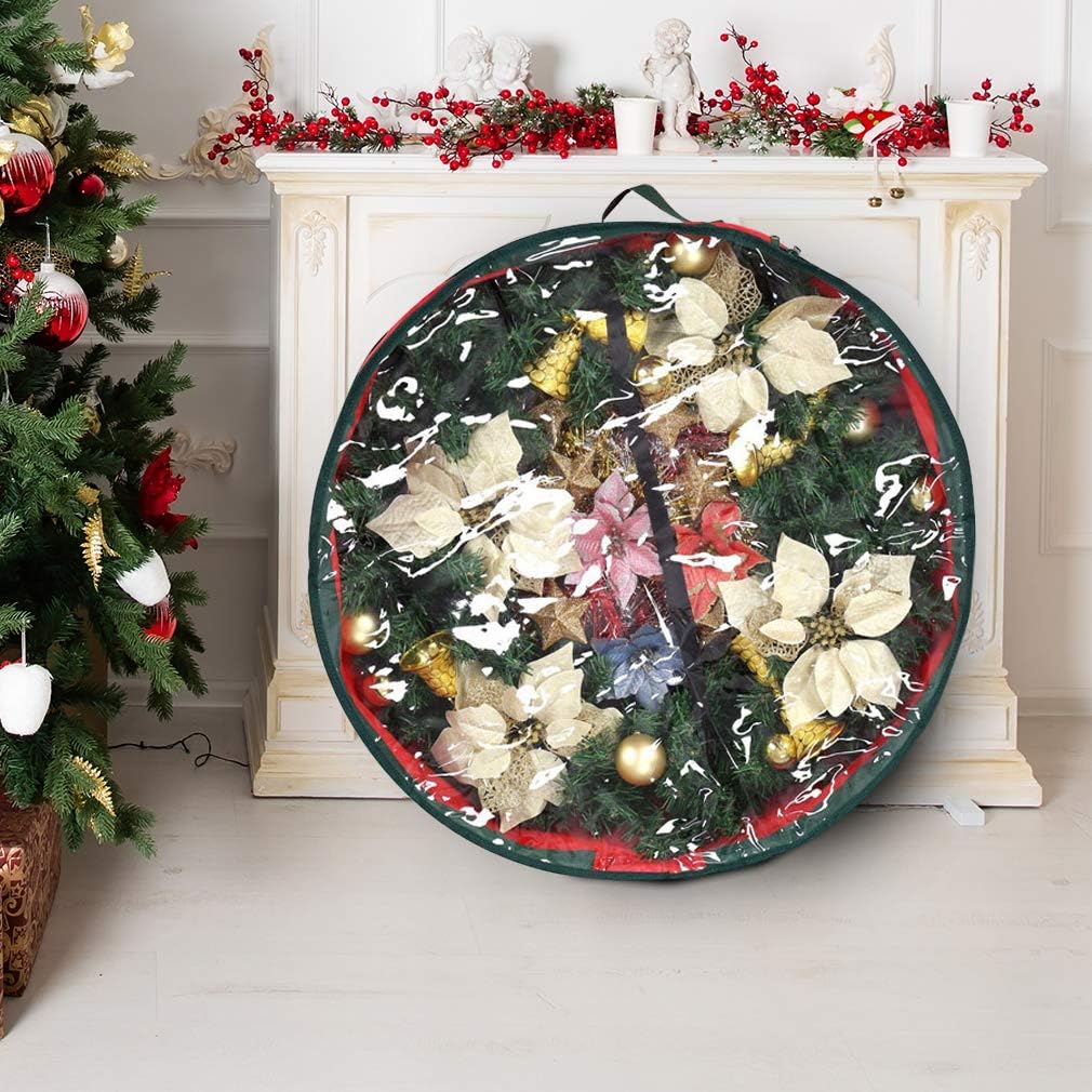 Primode Christmas Wreath Storage Bag - 30" Garland Container with Clear Window for Easy Holiday Organization - Durable 600D Oxford Material (Red)