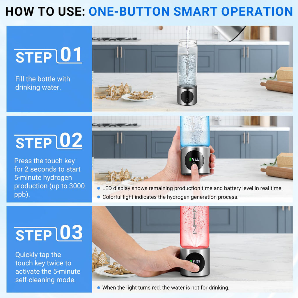 Hydrogen Water Bottle, 3000PPB Portable Hydrogen Water Ionizer Machine, Rechargeable Hydrogen Water Bottle Generator with SPE & PEM Tech, Hydrogen Water Cup for Gym Office Home Travel