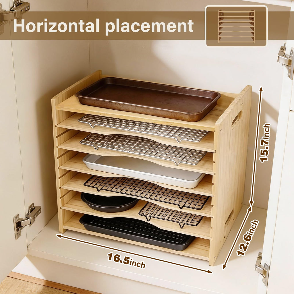 6 Tier Wooden Tray Dividers for Cabinets, Cookie Sheet Organizer 15.7" W x 16.5" H x 12.6" D Baking Sheets, Pans and Cutting Boards Organizer for Kitchen Cabinets or Countertop