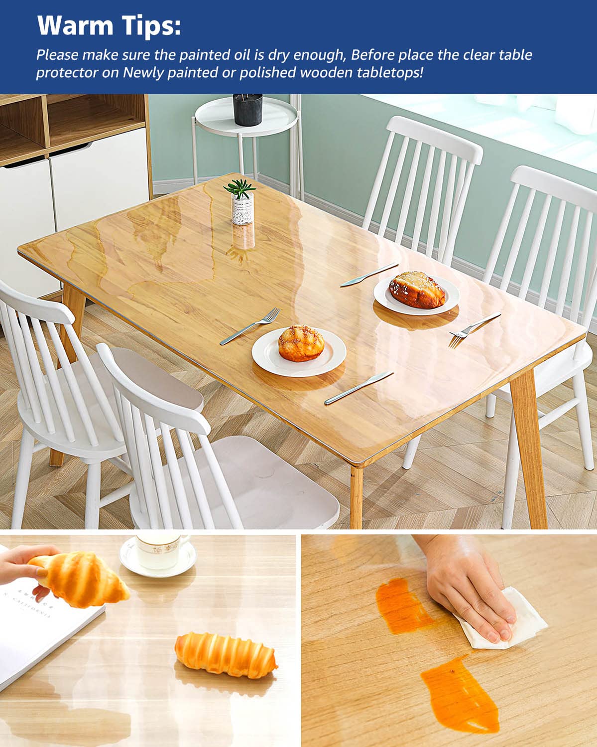 Soroel 38X120 Inch Clear Dining Room Table Cover Plastic Tablecloths Waterproof Office Desk Blotter Mat 1.5mm Thick Wood Furniture Topper Protector Pad for Night Stand End Side Table Kitchen Counter