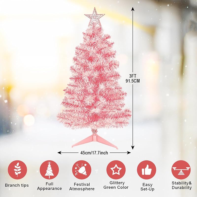 3ft Pink Premium Hinged Artificial Christmas Tree - Tabletop Holiday Decoration with Foldable Base
