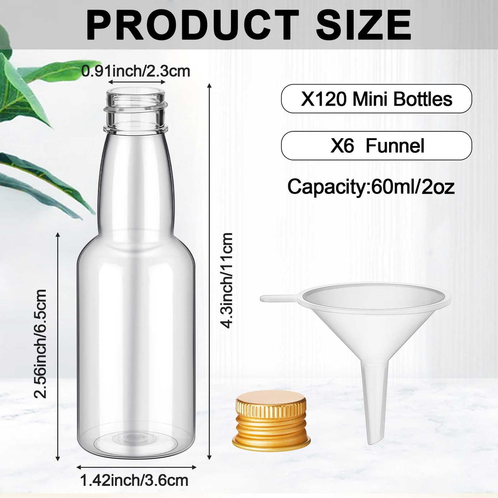 120 Pcs Mini Liquor Bottles Airtight Shot Miniature Empty Plastic Alcohol Spirit Shot Bottles with Funnels for Party Favors, Weddings(2 oz,Gold)