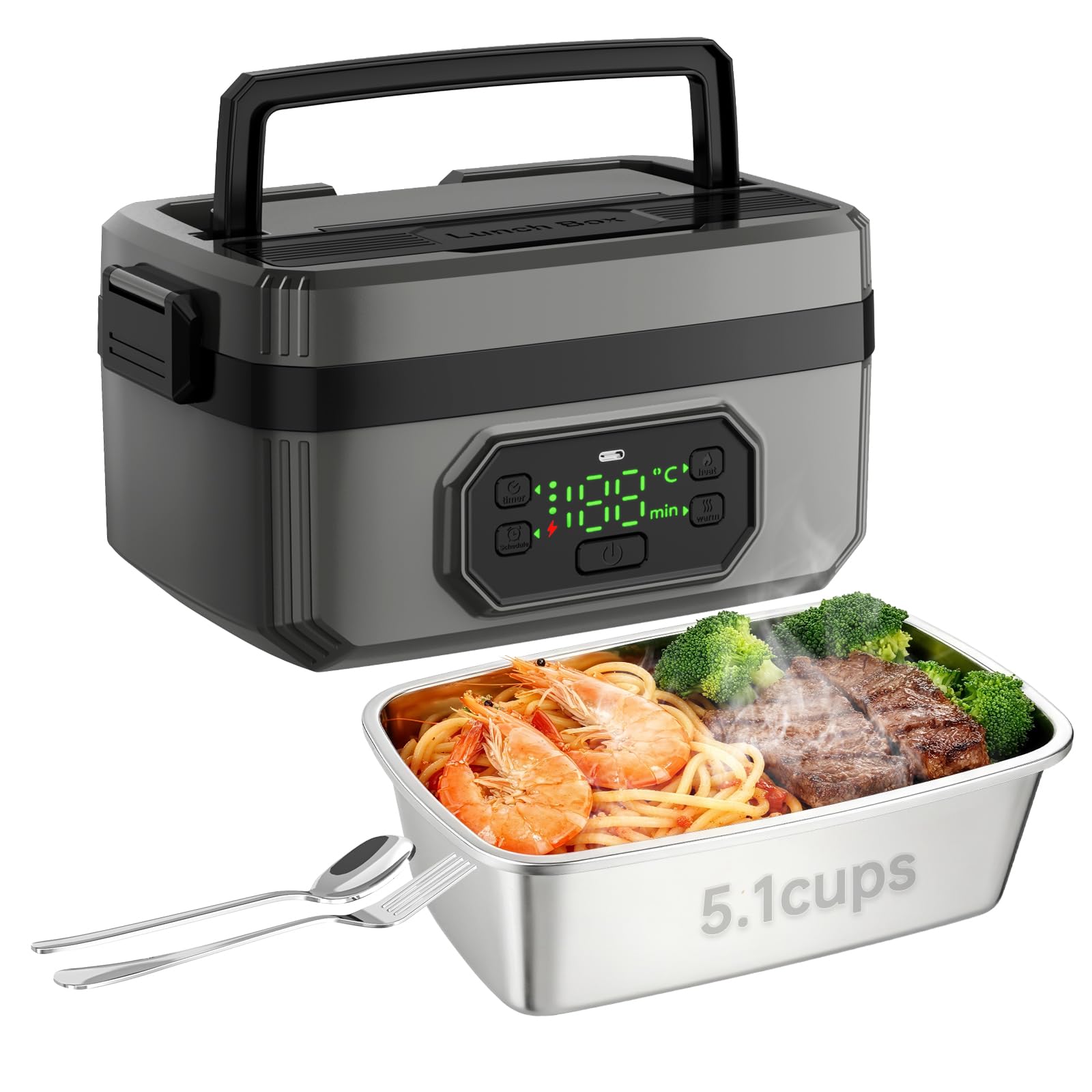 Eosyrennis Portable Cordless Electric Lunch Box for Adults,Rechargeable Self-Heating Food Warmer with Timer & Leak-Proof,1.2L SS Container,21000mAh Battery Powered for Office,Travel,Car,Outdoor