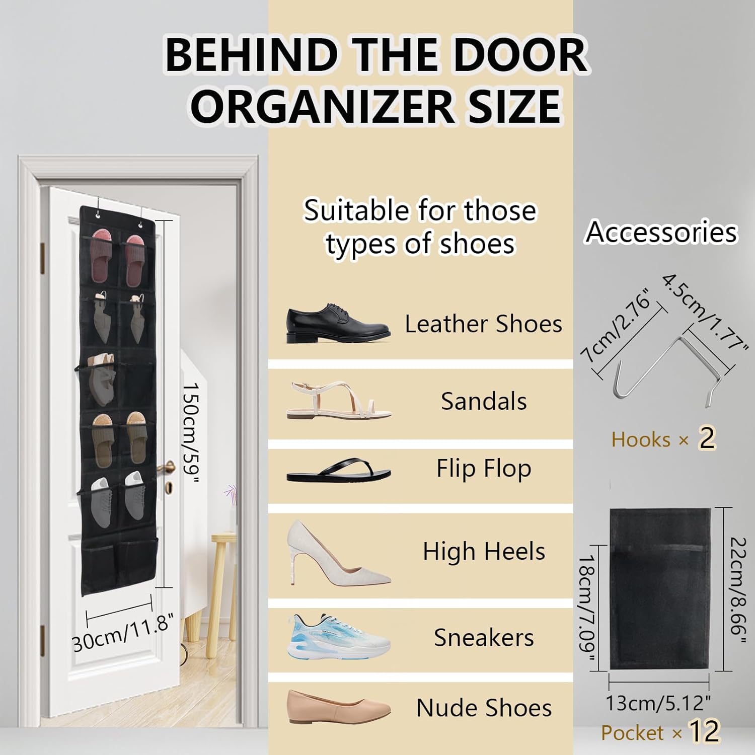 Over The Door Shoe Organizer - 12 Mesh Pockets With 4 Metal Hooks | Stylish Black Design